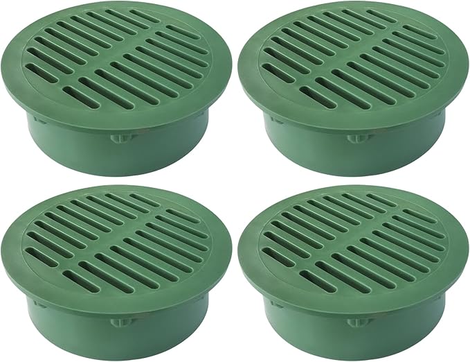 (4-Pack) Calvana 6” Plastic Round Drainage Grate Cover, Compatible with NDS 50, for Small Lawns, Landscaping, and Patios, Green