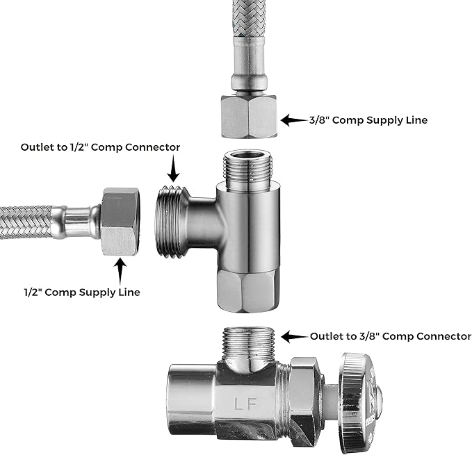 3/8 x 1/2 Adapter T Connector, ADD-A-Tee Adapter 3 Way Valve 3/8 Tee Compression, Stainless Steel Splitting Water Supply T Pipe Fitting for Bidet Hose, Angle Stop Valve T Connector