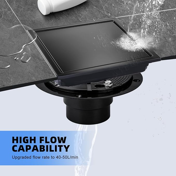morefine Square Shower Floor Drain with Flange, Shower Drain 6 inch with 2 in 1 Tile-Insert Cover, SUS 304 Stainless Steel, Matte Black