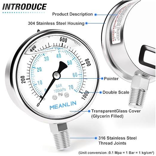 MEANLIN MEASURE 0~1000Psi Liquid Filled Pressure Gauge Stainless Steel with 316 Stainless Steel Joint 1/4" NPT 2.5" FACE DIAL for WOG Water Oil Air Lower Mount