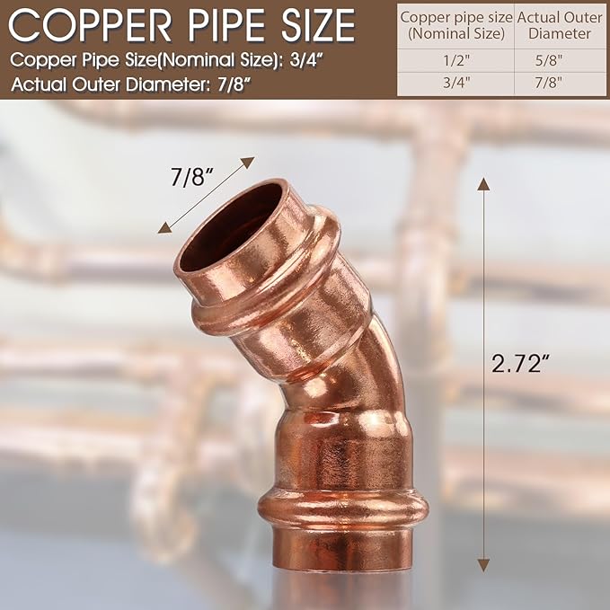 12PK Copper Press Fittings 3/4 inch 45-Degree Elbow Copper Coupling Zero Lead PxP 3/4”x3/4”,45 Degree Elbow Fittings for Copper Tube Connection&Plumbing,OD 7/8",Use with Hydraulic Press Fitting Tool