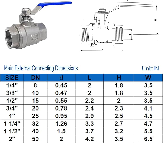 1-1/4" NPT Full Port Heavy Duty Ball Valve Stainless Steel 304 For Water,Oil and Gas with Blue Handles（1000WOG）