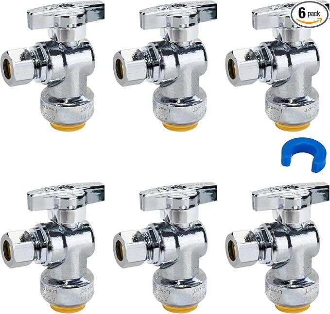 SUNGATOR 6-Pack Angle Stop Valve, Angle Water Shut Off Valve 1/2 x 3/8 Inch Compression, Toilet Water Shutoff, 1/4 Turn, No Lead Brass Push-to-Connect Plumbing Fittings for PEX Pipe, Copper, CPVC