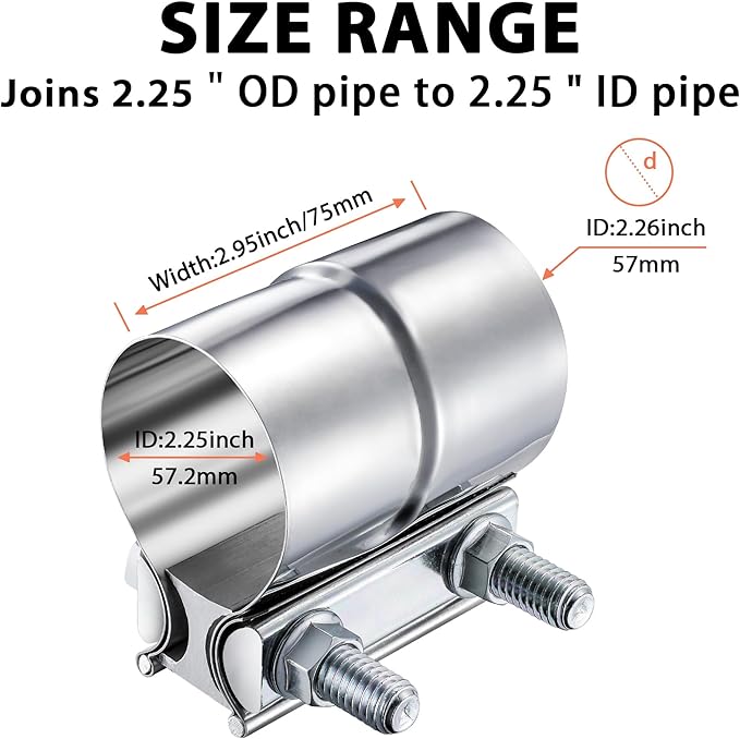 2 Pack Lap Joint Exhaust Band Clamp, 2 1/4 Inch 304 Stainless Steel Exhaust Muffler Clamp, Pipe Clamps Sleeve Coupler