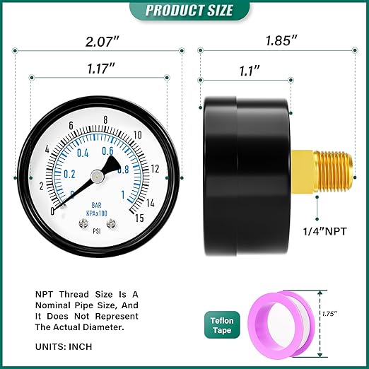 0-15PSI Well Pump Pressure Gauge 2" Dial Size, 1/4" NPT Back Mount, 3-2-3% Accuracy, for Tube, Water Pump, Gas, Liquid, Pressure Test