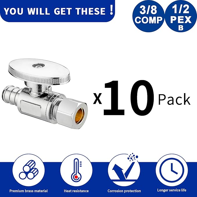 (10 Pack) Lidertik 1/2 inch Straight PEX-B Angle Stop Valve 1/2 inch x 3/8 inch Compression for Water Toilet Bathroom Sink Brass Plated Chrome 1/4 Turn Valve LI-JF1-1807-S(10 PCS)