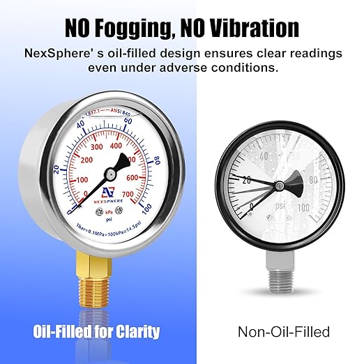 100 PSI Liquid Filled Pressure Gauge, 1/4 NPT Lower Mount, 2.5" Dial, 304 Stainless Steel Case, Glycerin Filled Plumbing Pressure Gauge, for Home Air/Oil/Water Pressure Test