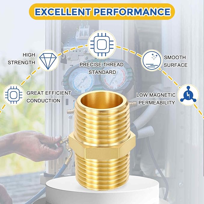 6 Pack Brass Pipe Fittings, 1/2" Male NPT to 1/2" Male NPT Brass Hex Nipple, Male Pipe Adapter Reducer for Air, Oil, LP