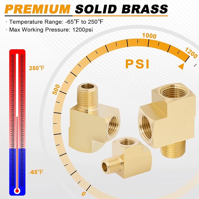 KOOTANS 4 Pack Brass Tee Fittings 3/8" NPT Female to 3/8" NPT Female to 3/8" NPT Male Barstock Street Tee Fittings 3 Way Brass Pipe Fitting