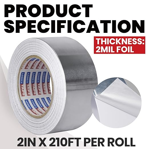 ADHES Heavy Duty Aluminum Foil Tape 2 Inch x 210 Feet(70 Yards) – Heat Resistant & Waterproof Silver Duct Tape – High-Temperature HVAC Tape for Ductwork, Sealing, Insulation, and Repairs