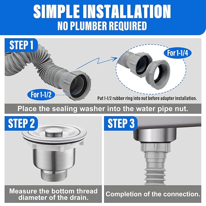 Double Sink Drain Kit, Flexible Sink Drain Pipe 1-1/2 & 1-1/4 P Trap Fits Sink Bowl Drain, Expandable Plumbing Kit for Kitchen, Bathroom, Gray