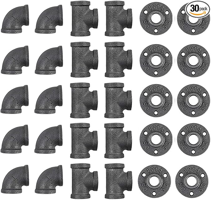 30 Pack 1/2 Inch Cast Iron Pipe Fittings (10 Elbows, 10 Tees, 10 Flange), DIY Steampunk Industrial Vintage Style.