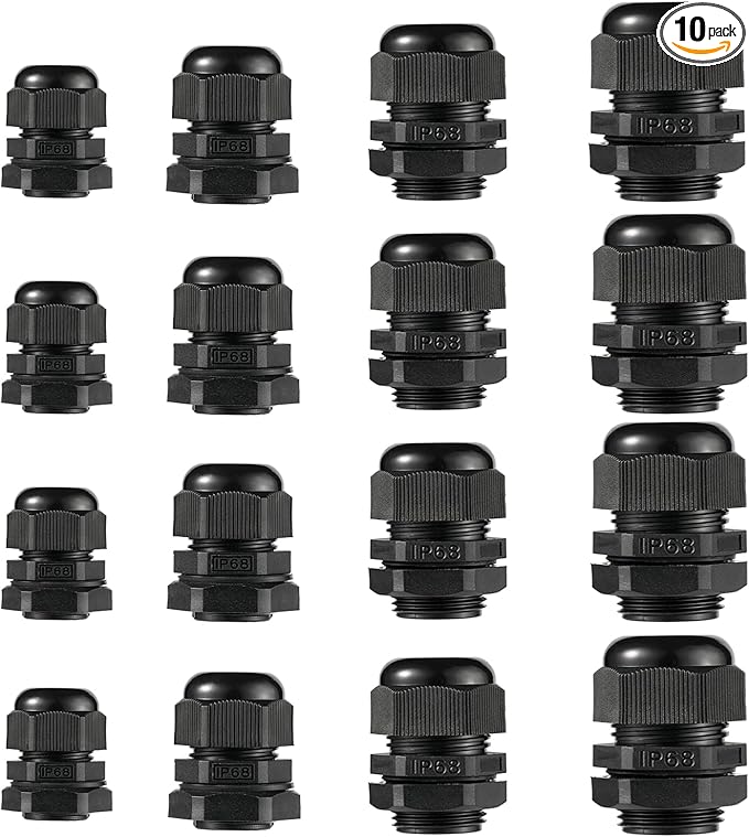 PENGLIN Cable Glands NPT Nylon Cable Connector, Strain Relief Cord Connector, IP68 Waterproof Adjustable Locknut(1/4" 1/2" 3/4" 1" Glands Combo(16-Pack))