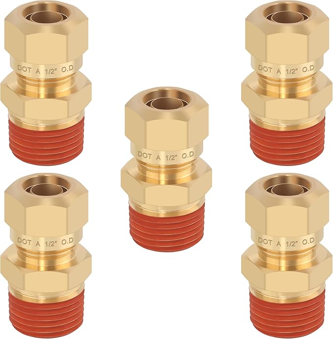 5PCS 1/2" Tube OD x 1/2" NPT Thread Connect Fittings Brass Union Straight Joint DOT Approved, Air Line Adapter Air Suspension Kit for Truck Trailers and Air Brake System