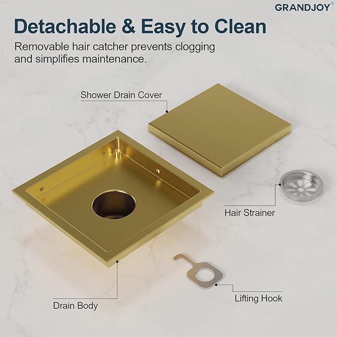 6 Inch Square Shower Floor Drain, Brushed Gold SUS304 Stainless Steel Grid Grate with X-Shaped High Flow Channel, Anti-Clogging Hair Strainer, Standard 2" Outlet
