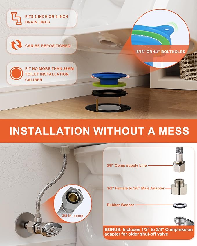 Toilet Flange Repair Kit with Elastic Wax Ring & 16" Water Supply Line, All-in-One Toilet Installation Kit, 3"/4" Drain Compatible, Rubber Gasket Seal Replacement Kit Bathroom DIY Fix Solution