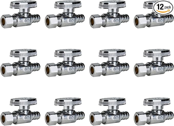 SUNGATOR 12-Pack Straight Stop Valve, 1/2" PEX x 3/8" OD Compression, Quarter Turn Chrome Plated, 1/2 inch Pex Shut Off Valves for Faucet and Toilet, UPC Certified