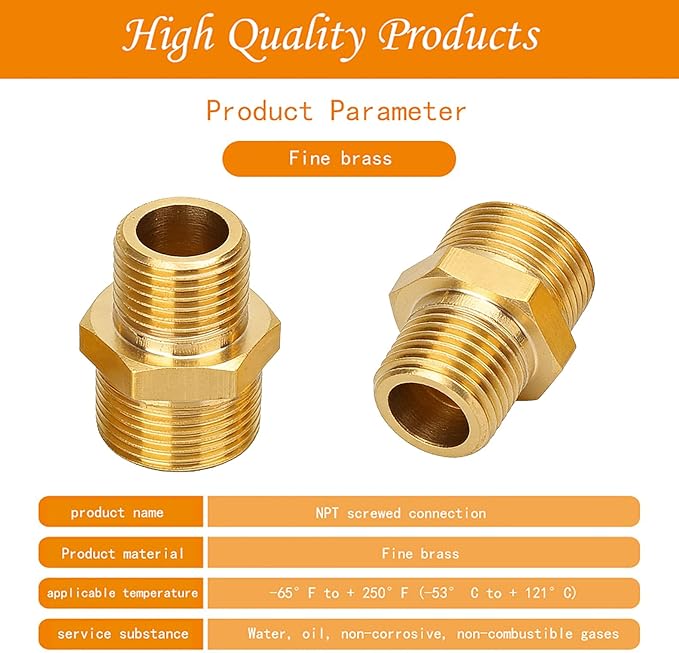 2Pcs 3/4" NPT x 1/4" NPT Solid Brass Fitting Pipe Fitting 3/4 to 1/4 Hose Adapter Brass Hex Fitting, 3/4 to 1/4 Male to Male NPT Threaded Reducing Union Fitting