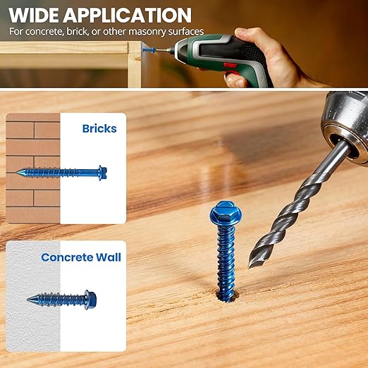 200PCS Concrete Screws, 3/16" 1/4" Masonry Screws with Drill Bit and Driver Bit, 7 Sizes Hex Head Cement Screws for Masonry, Block or Brick, Diamond Point, Blue Coated