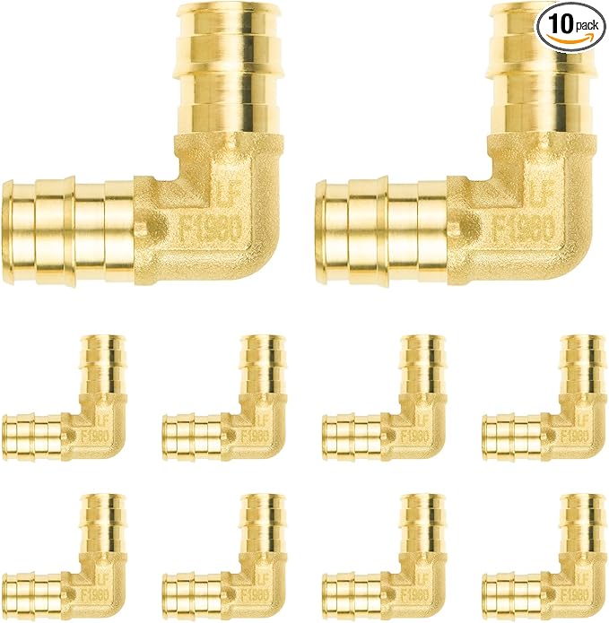 10-Pack YVSKM 1/2" PEX-A 90° Elbow Expansion Fitting, Lead-Free Brass Full Flow Connector, ASTM F1960 & cUPC Certified for Residential Hot & Cold Water and Radiant Heating Systems