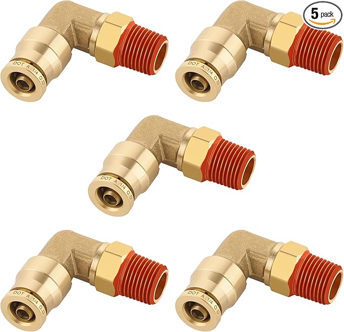 1/4" Quick Push to Connect Fittings Brass 90 Degree Union Swivel Elbow Joint DOT Approved 1/4" Tube OD x 1/8" NPT Thread Air Brake Line Adapter Air Suspension Kit for Car Truck Trailers 5pcs
