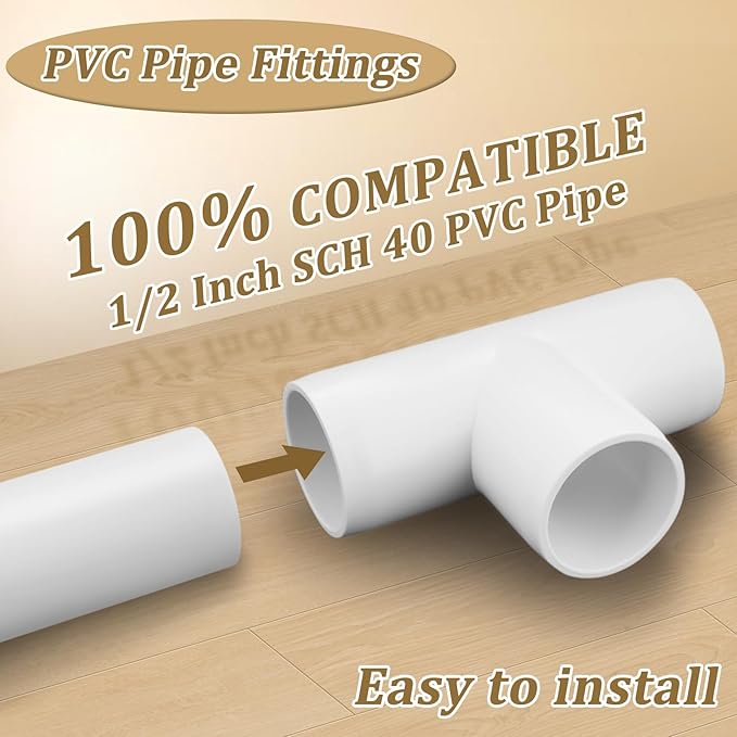 20-Pack 1/2" Tee PVC Fittings, Furniture Grade Pipe Fittings 3 Way for SCH40 PVC Pipe, Pipe Connectors for All DIY Structure and Frames