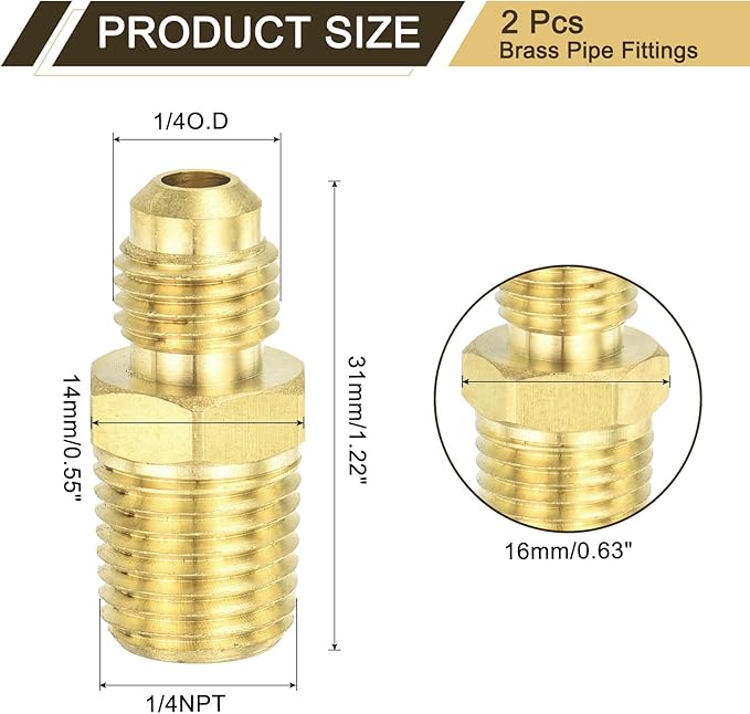 uxcell 2Pcs Brass Tube Fitting, 1/4O.D x 1/4NPT Brass Flared Pipe Adapter Fittings Reducing Nipples Connector, Half Union Gas Adapter for Pipe Connections, Hydraulics, Refrigeration