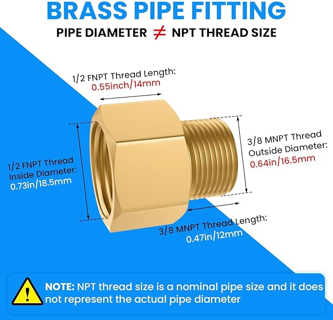 SDTC Tech 2-Pack Brass Pipe Fitting 3/8 NPT Thread Male to 1/2 NPT Thread Female Reducer Adapter, Brass Pipe Extension Connectors