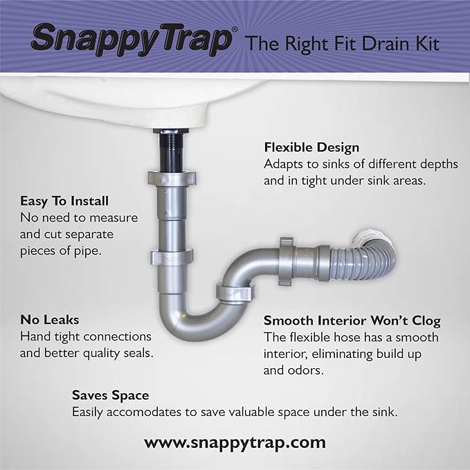 Snappy Trap Universal Flexible P Trap Bathroom Sink Drain Plumbing Kit, No Leaks, Easy No Tool Installation, 9-13 Inches Flexible Hose Length & 16 Inches Product Length (DK-105 Silver)