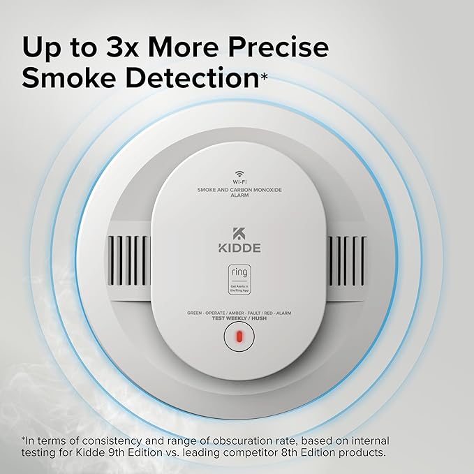 Kidde Smart Smoke Detector, Ring App Enabled for Real-Time Notifications, Hardwired Alarm, AA Backup Battery
