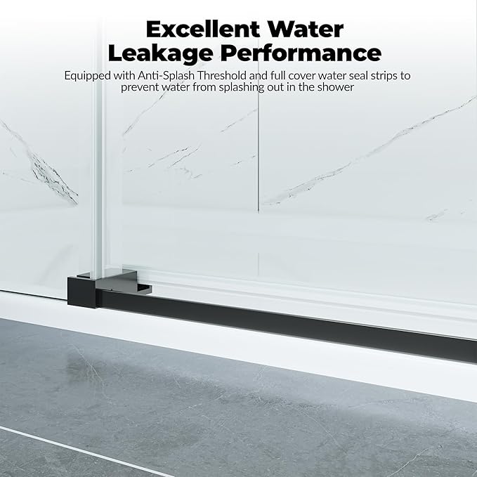 Frameless Sliding Shower Door Enclosure - 56 to 60 Inch Adjustable Width x 76Inch Height, 8mm Coated Tempered Safety Glass with Easy Clean, Square Stainless Steel Rail, Matte Black for Modern Bathroom