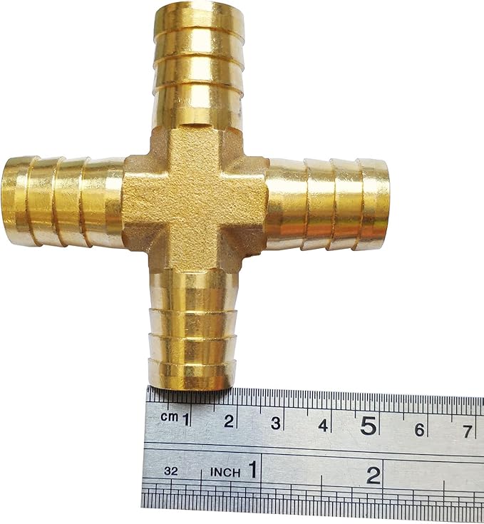 2PCs 3/4" Brass Hose Barb Fitting 4 Way Cross Barbed Splicer Mender Union Fitting with 8PCs Hose Clamp for Oil Water Air