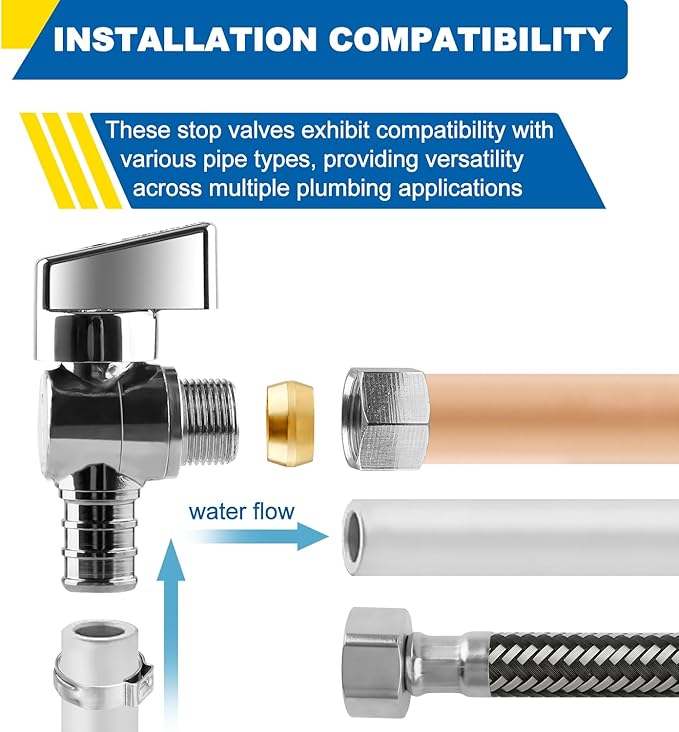1/4 Turn Angle Stop Valve, 1/2" Crimp Pex F1807 X 3/8" OD Compression For Toilets And Faucets (Pack of 6)