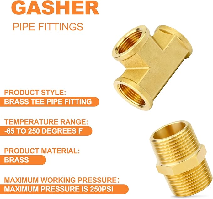 GASHER 1PCS Brass Tee Pipe Fittings, 3/4" NPT Female x 3/4" NPT Female x 3/4" NPT Male Pipe Fittings, Male Run Tee