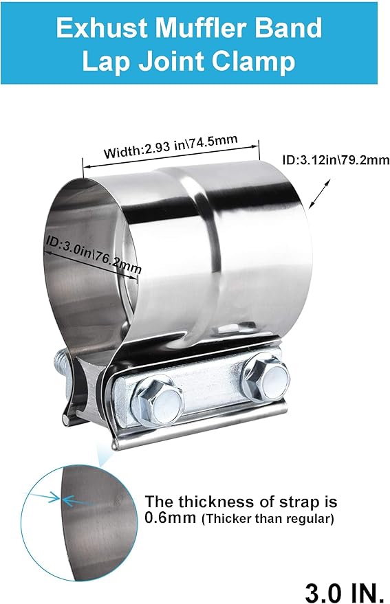 3.0 Inch Exhaust Clamps,DecoHongDi Lap Joint Exhaust Band Muffler Pipe Repair 304 Stainless Steel 2 Packs