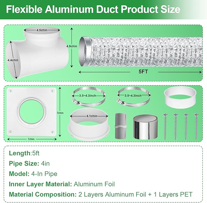 4-Inch Dryer Vent Wall Plate & Elbow Kit,90 Degree Dryer Vent Elbow with 5ft Hose,2 Clamps,All-in-One Dryer Connector and Hose for Tight Space, Secure Seal to Prevent Leaks
