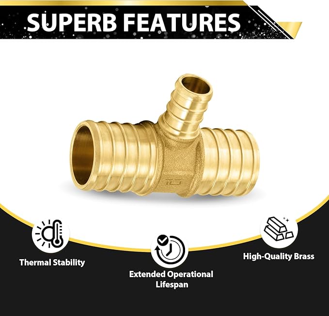 3-Pack Foskan PEX Fittings, 1"x1"x1/2" Reducing Tee,Brass Barb Crimp PEX Fittings for Hot or Cold Water Distribution