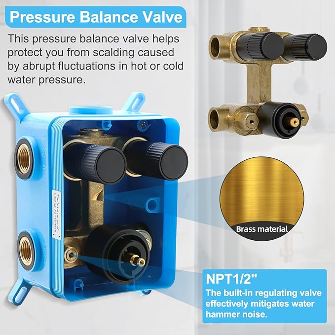 Matte Black 2-Way Thermostatic Shower Diverter Valve Kit - Solid Brass, Adjustable Flow, Temperature Control Mixer Valve - Perfect for Bathroom Renovation