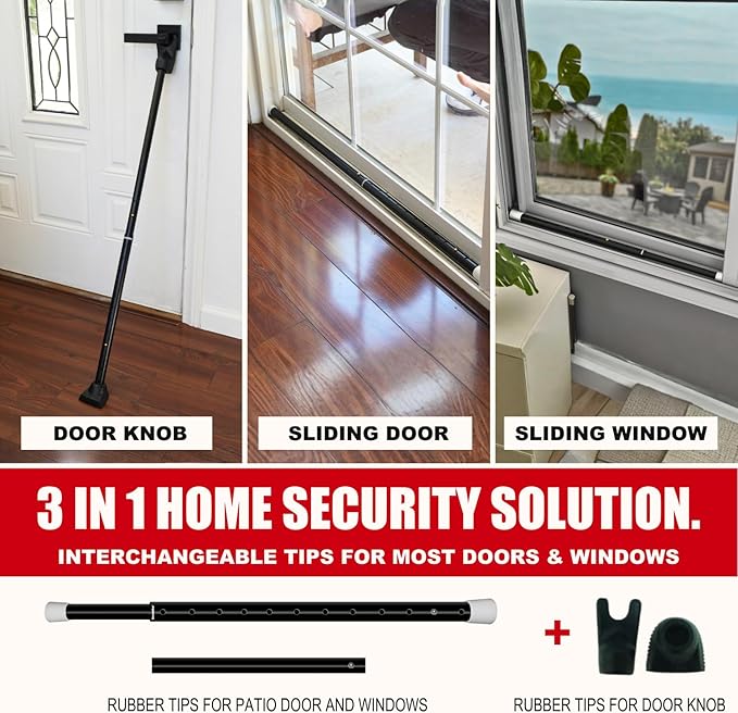 SECURITYMAN 2-in-1 Door Security Bar & Sliding Door Security Bar - Door Jammer Constructed of High Grade Iron - Black Door Stoppers Security Bar