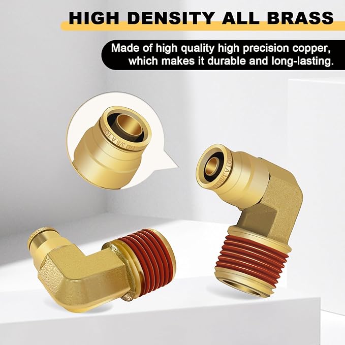 Siptenk 3/8" Elbow DOT Brass Push to Connect Air Line Fittings 5 PCS, 3/8" OD Tube x 1/2" NPT Thread Air Brake Line Quick Connect Fittings for Truck Trailers Industry Air System