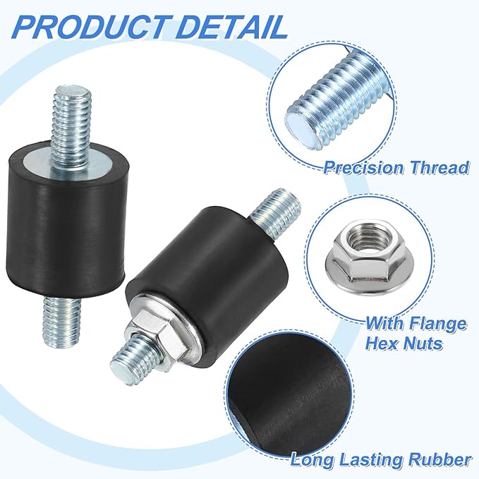 uxcell 4Pcs M5 x 10mm Rubber Mounts, 15 x 15mm Cylindrical Anti Vibration Isolator Studs Shock Absorber Double Studs with Nuts for Car Bobbin Generator Air Compressors
