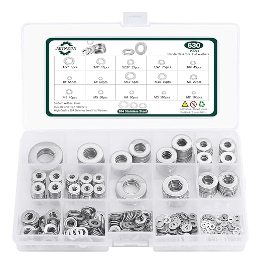 304 Stainless Steel Flat Washers Assortment Set - 630 Pcs SAE+Metric 15 Sizes Washers for Screws & Bolts (M2-M12, 6#-1/2)