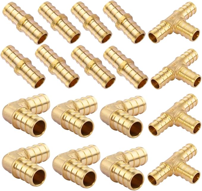 18 PCS 1/2 inch T PEX Tee(4PCS) & 90 Degree Elbow(6PCS) & Straight Coupling 1/2" (8PCS) Lead-Free Brass Barb Crimp Pipe Fitting/Fittings