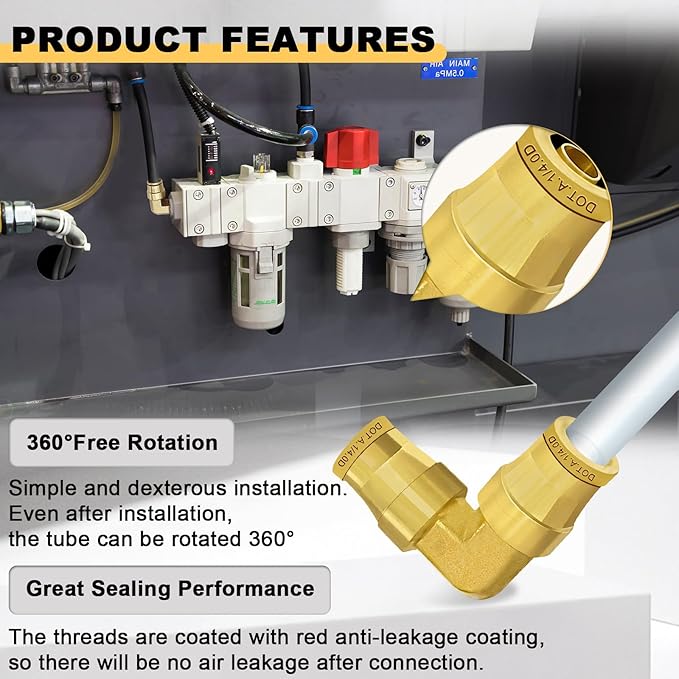 Siptenk 3PCS 1/4" Elbow DOT Brass Push to Connect Fittings, Air Brake Line Quick Connect for Truck Trailers Industry Air System