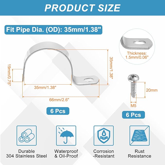 uxcell 6Pcs 35mm(1-3/8") One Hole Rigid Pipe Strap, 304 Stainless Steel Conduit Clamp Thicken U Bracket Heavy Duty Pipe Clamp with Self-Tapping Screws for Fixing Tube Cable, Silver