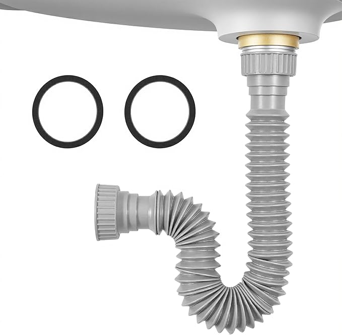 Sink Drain Pipe Kit, 1 Pack Flexible Drain Pipe P Trap, 8.46"-20.67" Flexible P Trap, Under Sink Plumbing for Bathroom and Kitchen, 1-1/4" Adapter Included