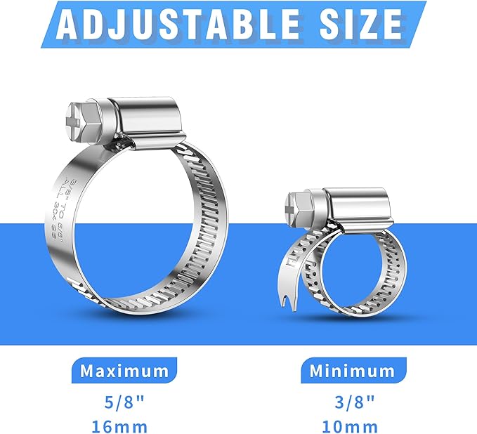 24PCS Heavy Duty Hose Clamps Stainless Steel 304, 3/8" Hose Clamp to 5/8" Hose Clamp (10-16mm) Adjustable Worm Gear Drive Small Radiator Hose Clamps for Automotive and Industrial Use