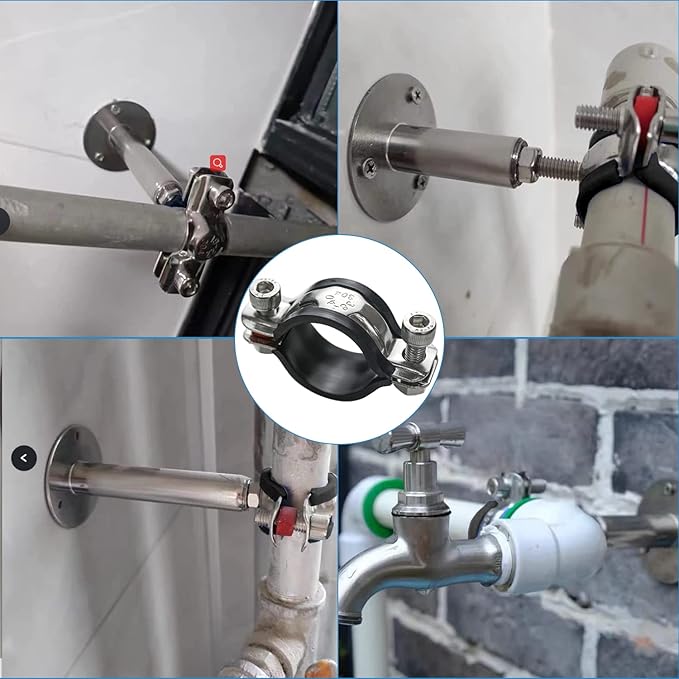2 Pack Pipe Supports,304 Stainless Steel Wall Mount Ceiling Mount Pipe Bracket Clamp Ring Hanger with Screws for Pipe OD 15-19mm, Bracket Adjustable Height 50-100mm