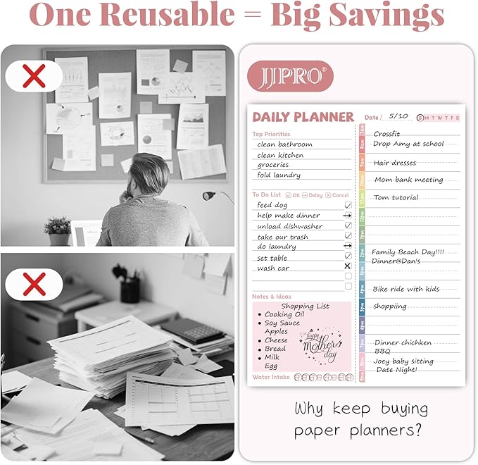 JJPRO Reusable Desktop Daily Planner with Stand,Reusable Time Schedule Board,11"x8.5" Hourly Schedule Dry Erase Board with Time Slots,Desk Hourly Dry Erase Board w/Engineered Wood Stand-Pink