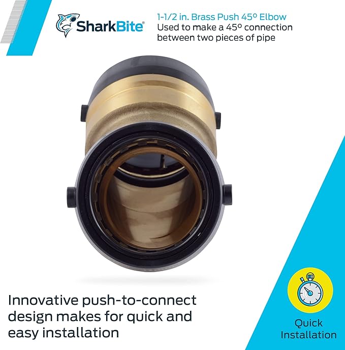 SharkBite 1-1/2 Inch 45 Degree Elbow, Push to Connect Brass Plumbing Fitting, PEX Pipe, Copper, CPVC, PE-RT, HDPE, UXL0541